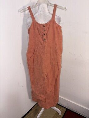SO Peach Cotton Gauze Jumpsuit Womens Size XS Button Front Crop Romper‎ Pockets